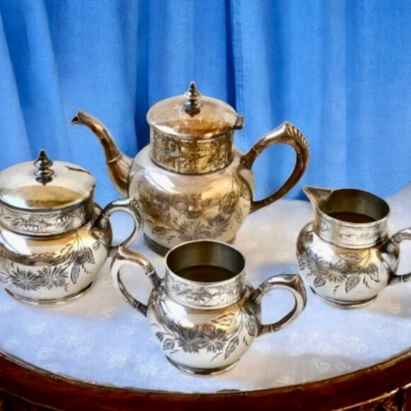 Antique C Rogers & Bros Tea Coffee Set Sugar & Creamer 4 Pieces Silverplate - Picture 1 of 16